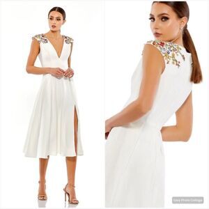 NWT Mac Duggal 70214 BEADED CAP SLEEVE A LINE MIDI DRESS